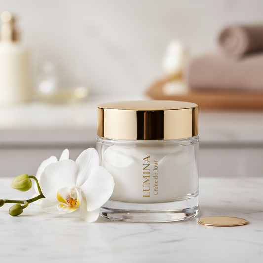 Crème hydratante visage luxueuse au caviar en pot verre avec couvercle doré