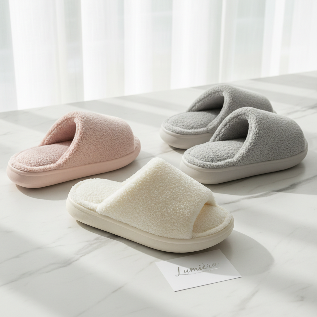 Pantoufle Nuage en Peluche – Blanc crème, Rose poudré, Gris perle