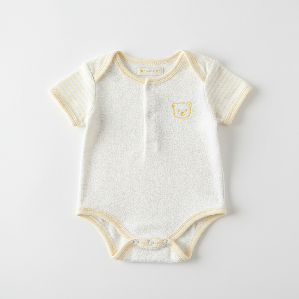 Body bébé blanc en coton biologique avec accents jaune pastel