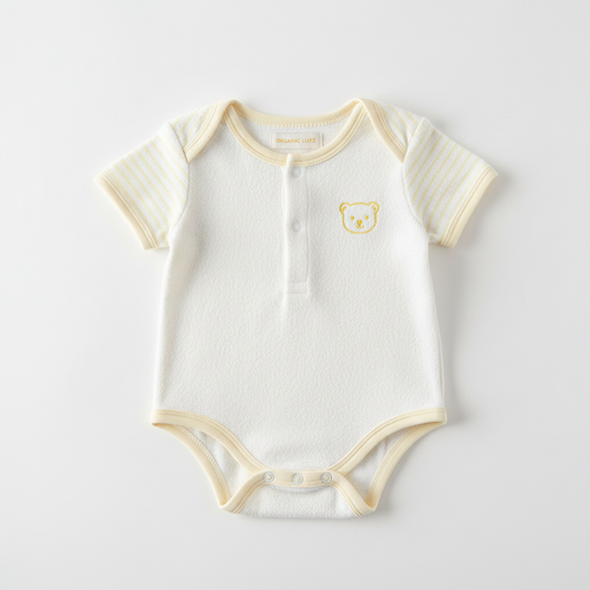 Body bébé blanc en coton biologique avec accents jaune pastel