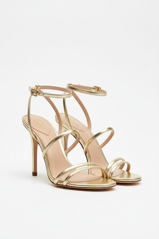 Sandales luxueuses à talon aiguille pour femme, cuir doré premium avec brides fines