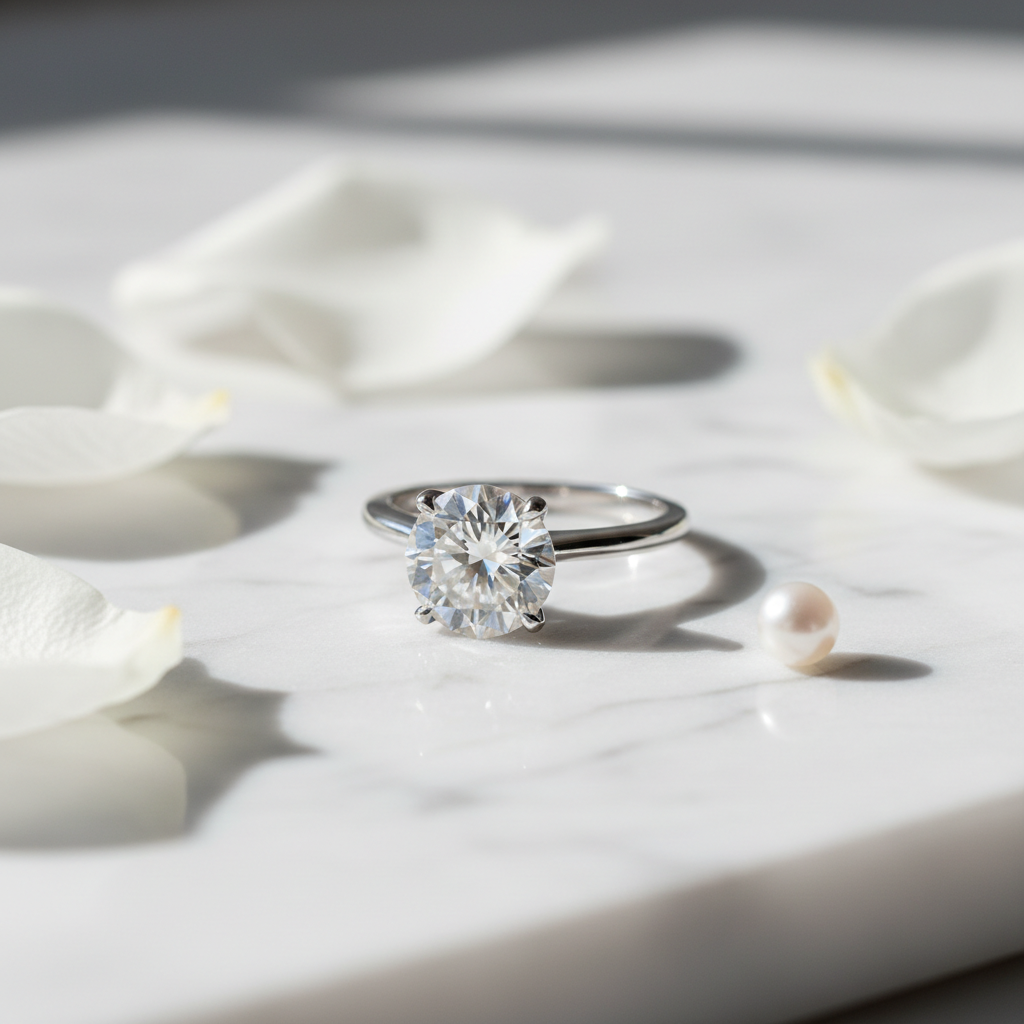 Bague de fiançailles solitaire diamant sur marbre blanc