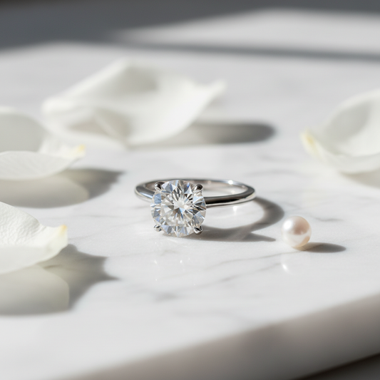 Bague de fiançailles solitaire diamant sur marbre blanc