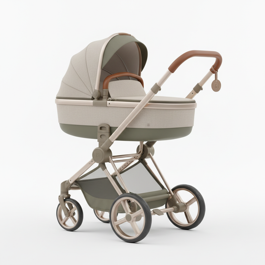 Poussette bébé moderne et élégante en tons neutres
