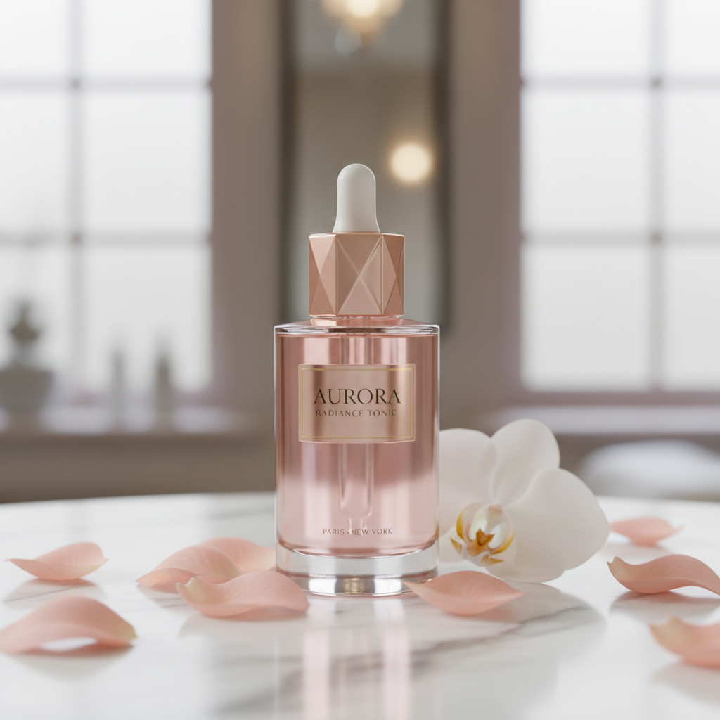 Tonique visage luxueux eau de rose et niacinamide en flacon verre avec bouchon doré