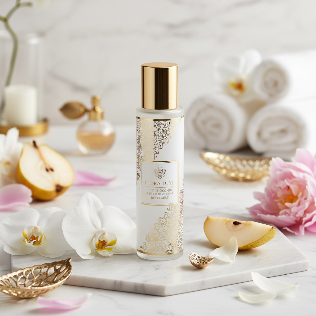Brume corps luxueuse fleurs blanches en flacon vaporisateur verre premium