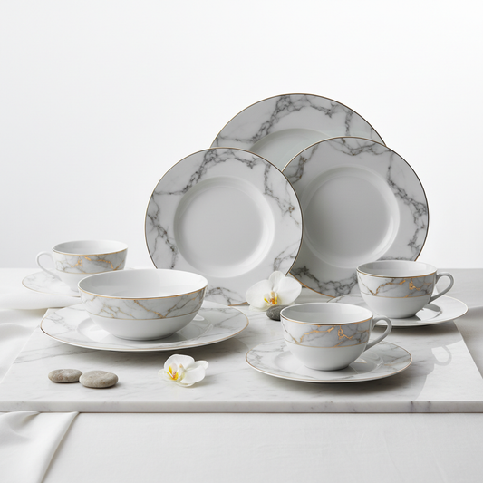 Set de vaisselle en céramique blanche avec accents marbrés
