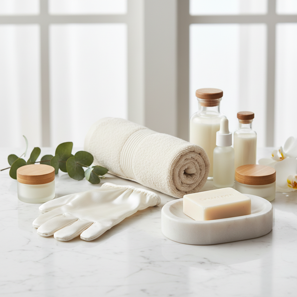 Kit Accessoires de Bain Spa Luxe – Serviette bambou, gant soie et porte-savon marbre