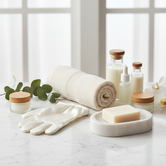 Kit Accessoires de Bain Spa Luxe – Serviette bambou, gant soie et porte-savon marbre