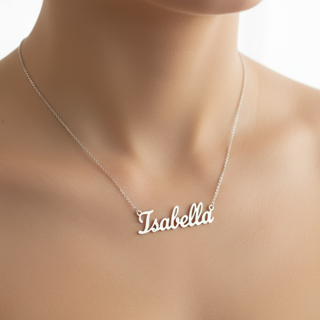 Collier prénom cursif argent sterling porté personnalisé