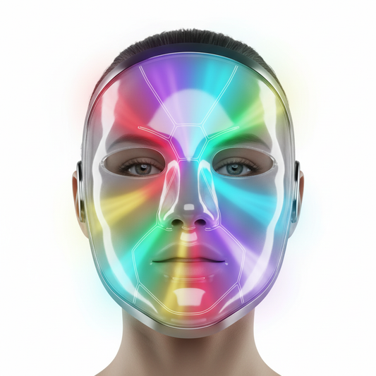 Masque LED 7 couleurs porté sur visage luminothérapie anti-âge