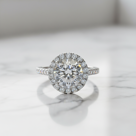 Bague de fiançailles halo zircon luxe sur marbre blanc