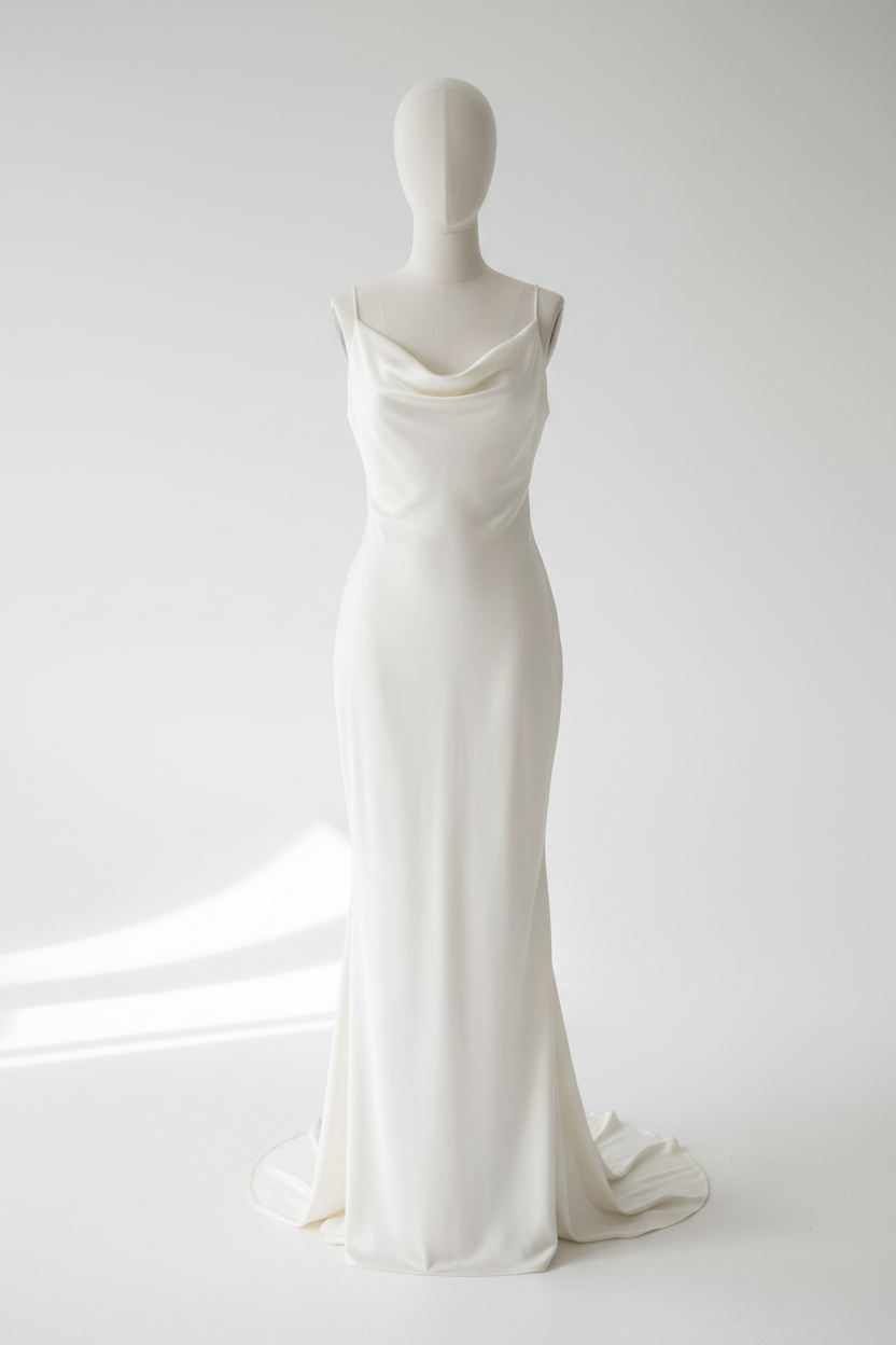Robe de mariée minimaliste luxueuse en satin de soie coupe biais avec dos ouvert