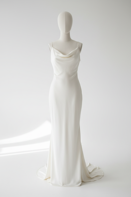 Robe de mariée minimaliste luxueuse en satin de soie coupe biais avec dos ouvert