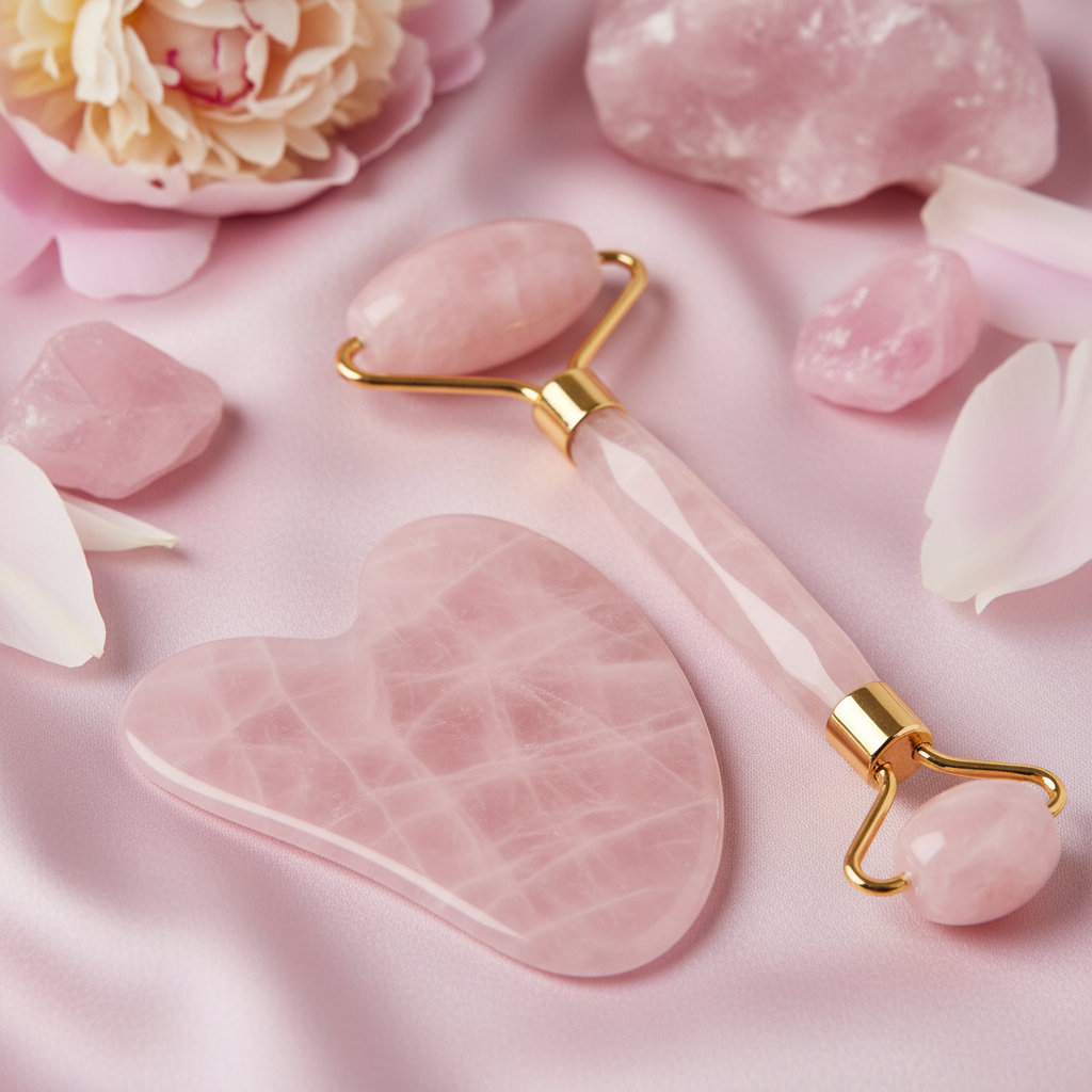 Gros plan gua sha et roller quartz rose texture cristal naturel