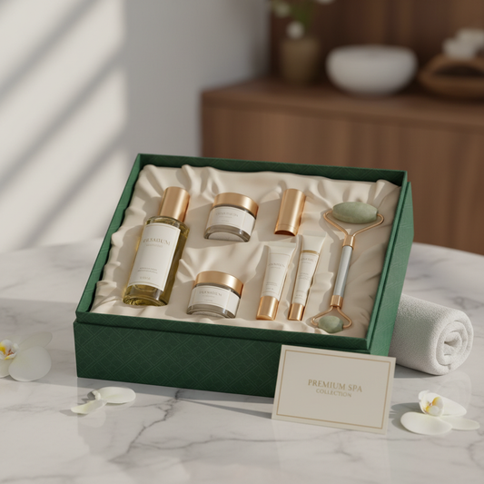Coffret cadeau luxueux avec produits de soins sur marbre blanc