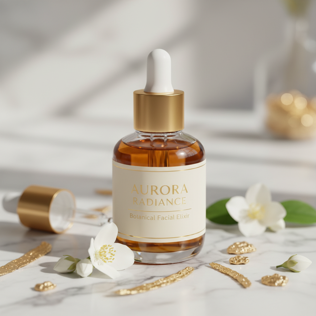 Huile visage luxueuse rosier muscat et squalane en flacon compte-gouttes verre doré