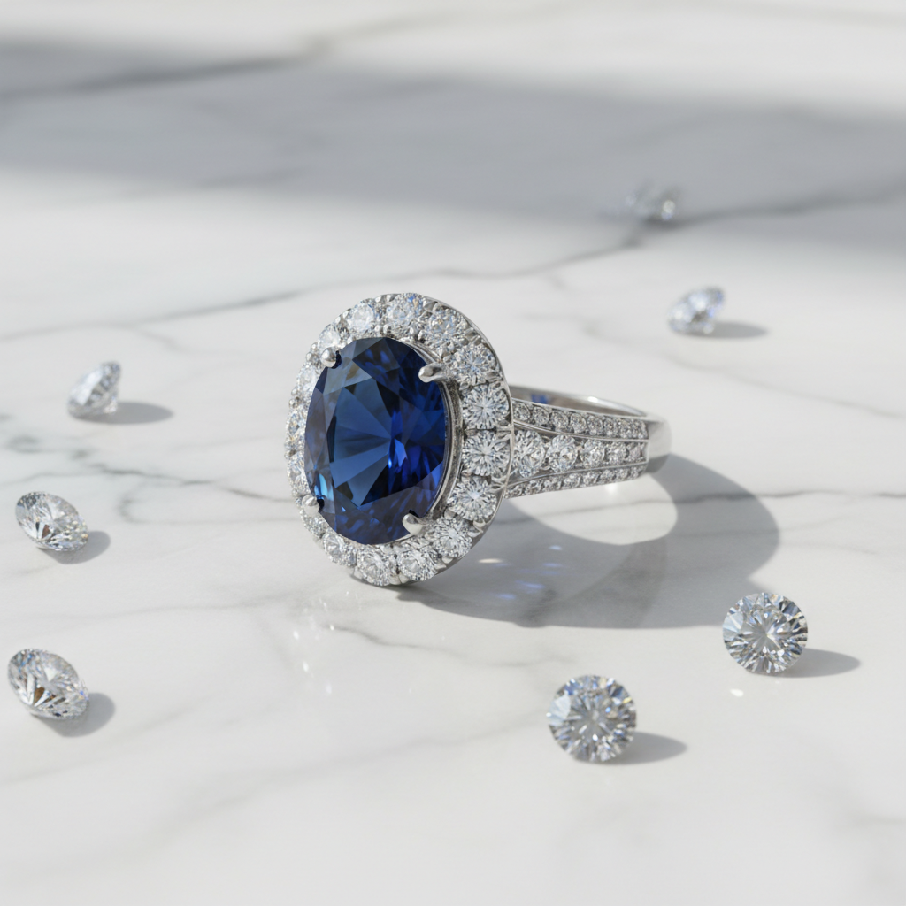 Bague saphir bleu impérial sur marbre blanc