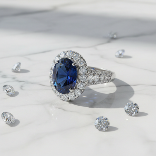 Bague saphir bleu impérial sur marbre blanc