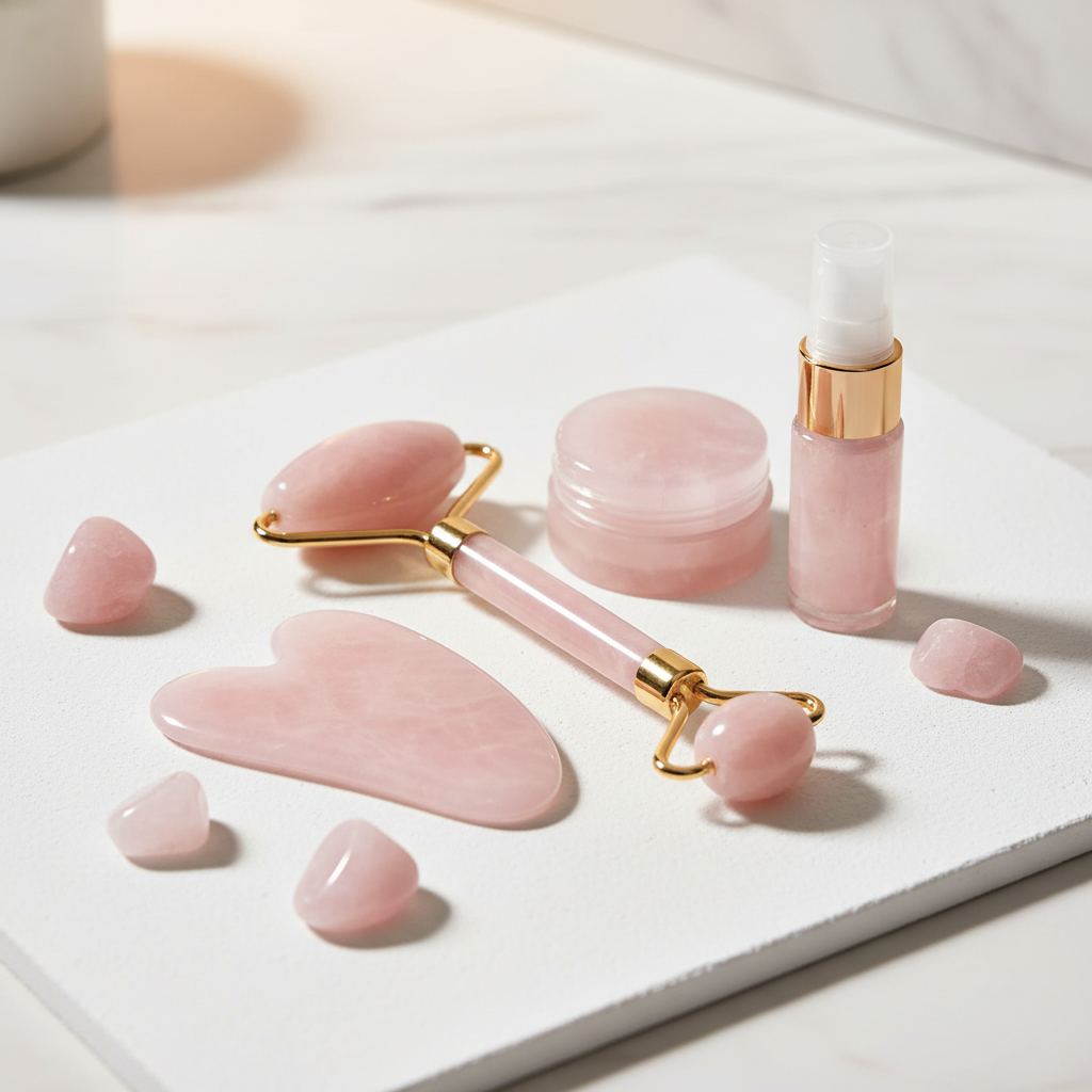 Set gua sha roller quartz rose affiché outils beauté complets