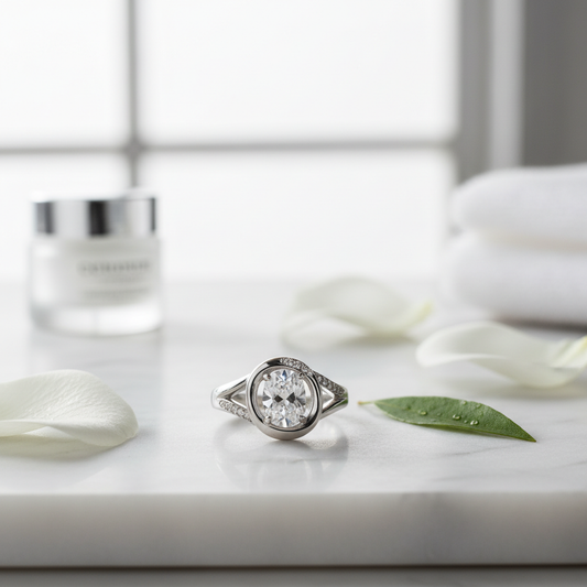 Bague argentée élégante sur marbre blanc