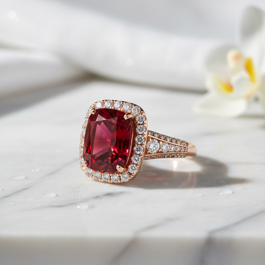 Bague rubis couture exclusive sur marbre blanc