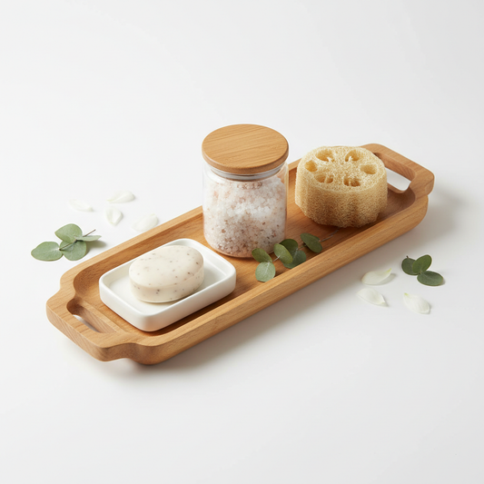 Kit accessoires de bain spa avec plateau bambou, gant de crin et sels de bain