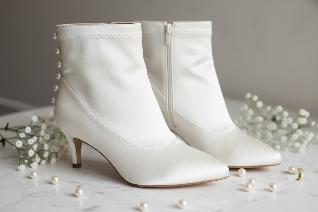 Bottines de mariée luxueuses en satin ivoire avec boutons de nacre et talon chaton
