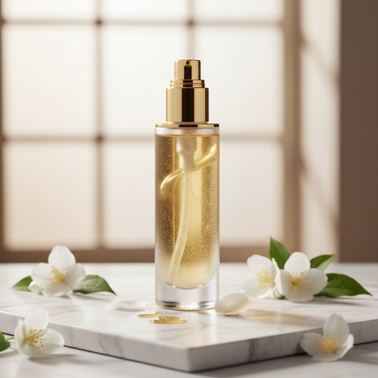 Huile corps luxueuse shimmer doré en flacon verre avec pompe dorée premium
