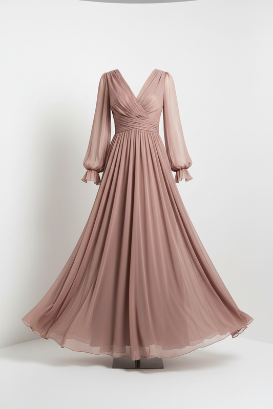 Robe maxi luxueuse en mousseline de soie pour femme, silhouette fluide et majestueuse