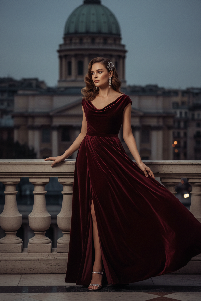 Robe luxueuse femme portée lors d'une soirée élégante, ambiance glamour et raffinée