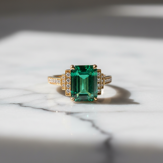 Bague émeraude royale collection sur marbre blanc