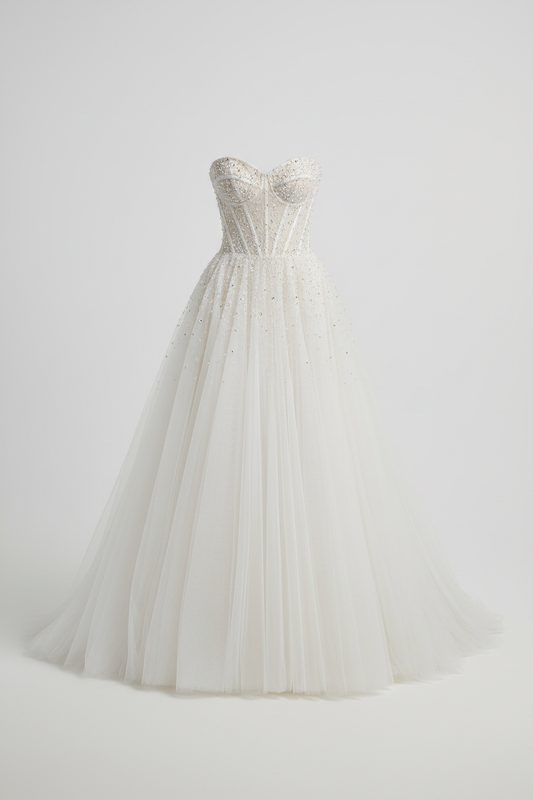Robe de mariée bustier luxueuse avec corset satin cristaux et jupe tulle volumineuse